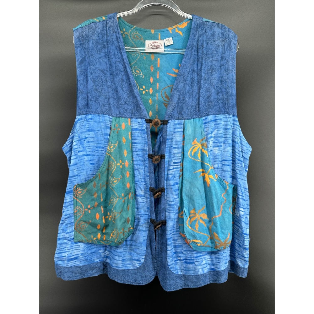 Orchid‎ Lane Blue Patchwork Vest L/XL Boho Artsy Button Front Pockets